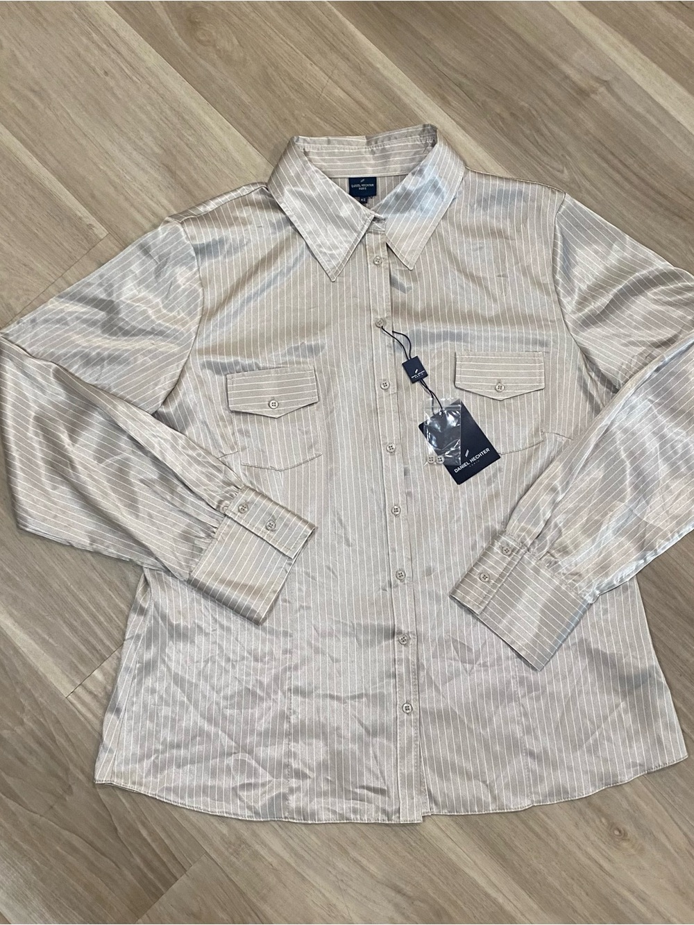 Daniel Hechter Paris Shirt Womens 42 NWT Satin Champagne Beige Pinstripe Blouse